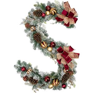 Christmas Garland for Front Door, 6 Foot Artificial Unlit Winter Garland with Pine Cones, Berry Clusters, Burgundy Ball Ornaments and Ribbon for Thanksgiving Holiday Christmas Decoration