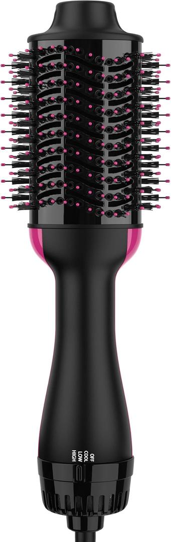 Hair Dryer Brush Blow Dryer Brush in One, Upgraded 4 in 1 Hair Dryer and Styler Volumizer with Negative Ion Antifrizz Ceramic Titanium Barrel Hot Air Hair Straightener Brush, Black/Pink