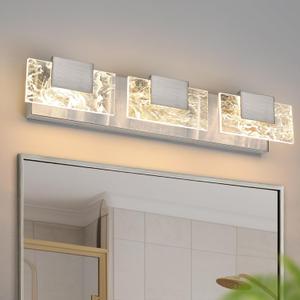 LED Bathroom Vanity Light: 24 Inch Brushed Nickel Acrylic Modern Lighting Fixtures - 3-Lights Contemporary Smoke Design Wall Lights Fixture Over Mirror 3000K, Brushed Nickel, 3 Light