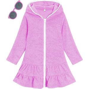 Girls Swim Cover Up Kids Long Sleeve Swimsuit Coverup Terry Beach Pool Clothes with Sunglasses, Size 8