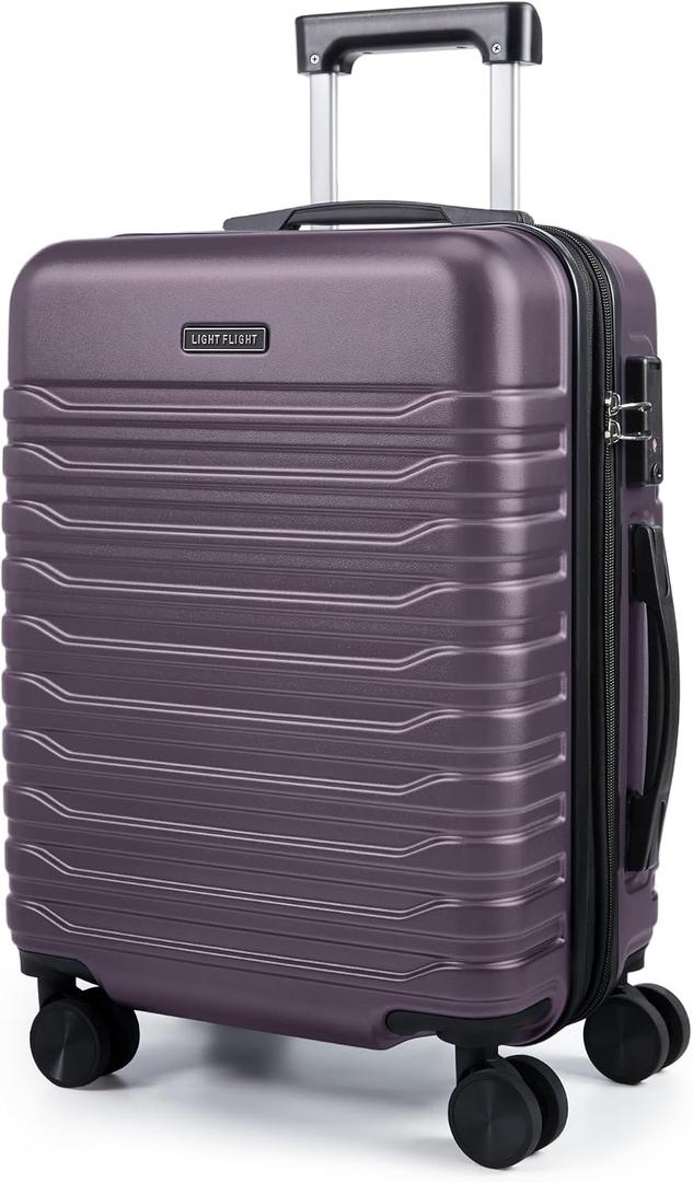 LIGHT FLIGHT Expandable Carry On Luggage 22x14x9 Airline Approved with Double Spinner Wheels, 20 Inch Lightweight Hard Shell Rolling Suitcases with TSA Lock, Purple