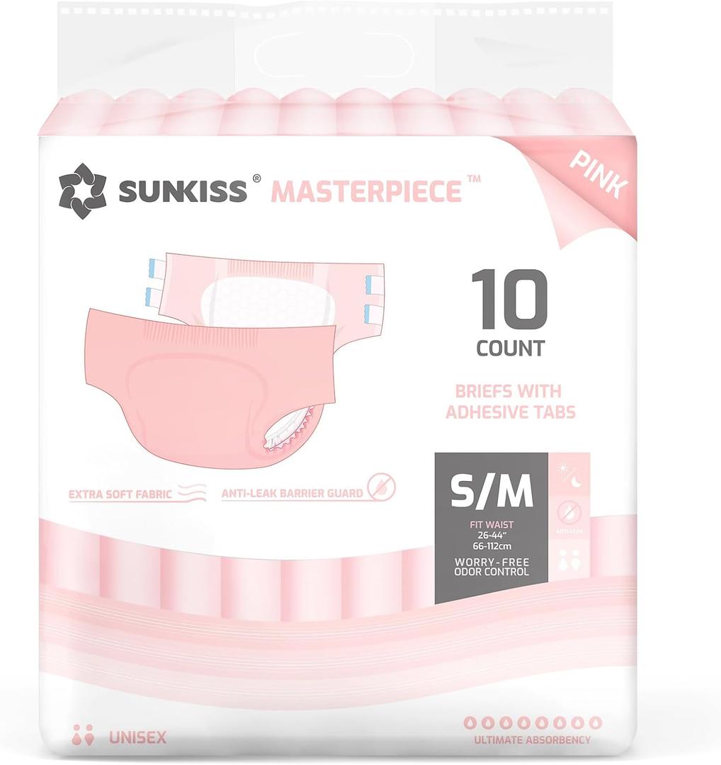 SUNKISS Masterpiece Adult Diapers with Tabs, Unisex Disposable Incontinence Briefs for Women and Men, Odor Control, Pink, Small/Medium, Previously,10 Count