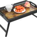 Tray Table for Bed, Bamboo Breakfast Serving Tray with Folding Legs and Handles, Laptop and Snack Bed Table with Cross Bar & Media Slot, Dark Brown with Black Legs, for Bedroom, Sofa, Kitchen