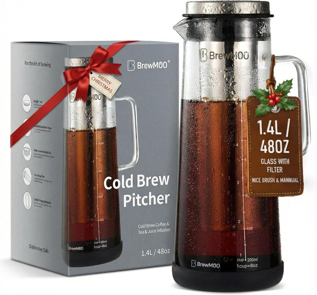 BrewMOO- Airtight Cold Brew Coffee Maker Pitcher, 1.4L/48Oz Thick Glass Carafe with Filter, Comfort Sturdy Handle & Wide Spout, Non-Slip Base | Iced Tea Maker (Black)