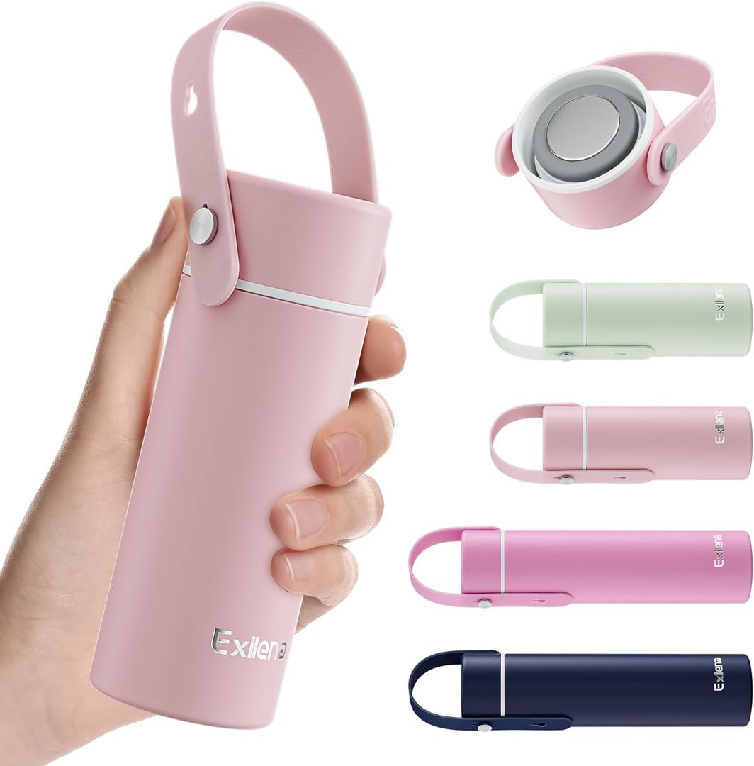 Exllena Upgraded Mini Insulated Water Bottle 6.8oz/200ml with Adjustable Silicone Handle Small Flask for Hot & Cold Drinks, Leakproof, Ideal for Purse, Lunchbox... (Blush Pink)