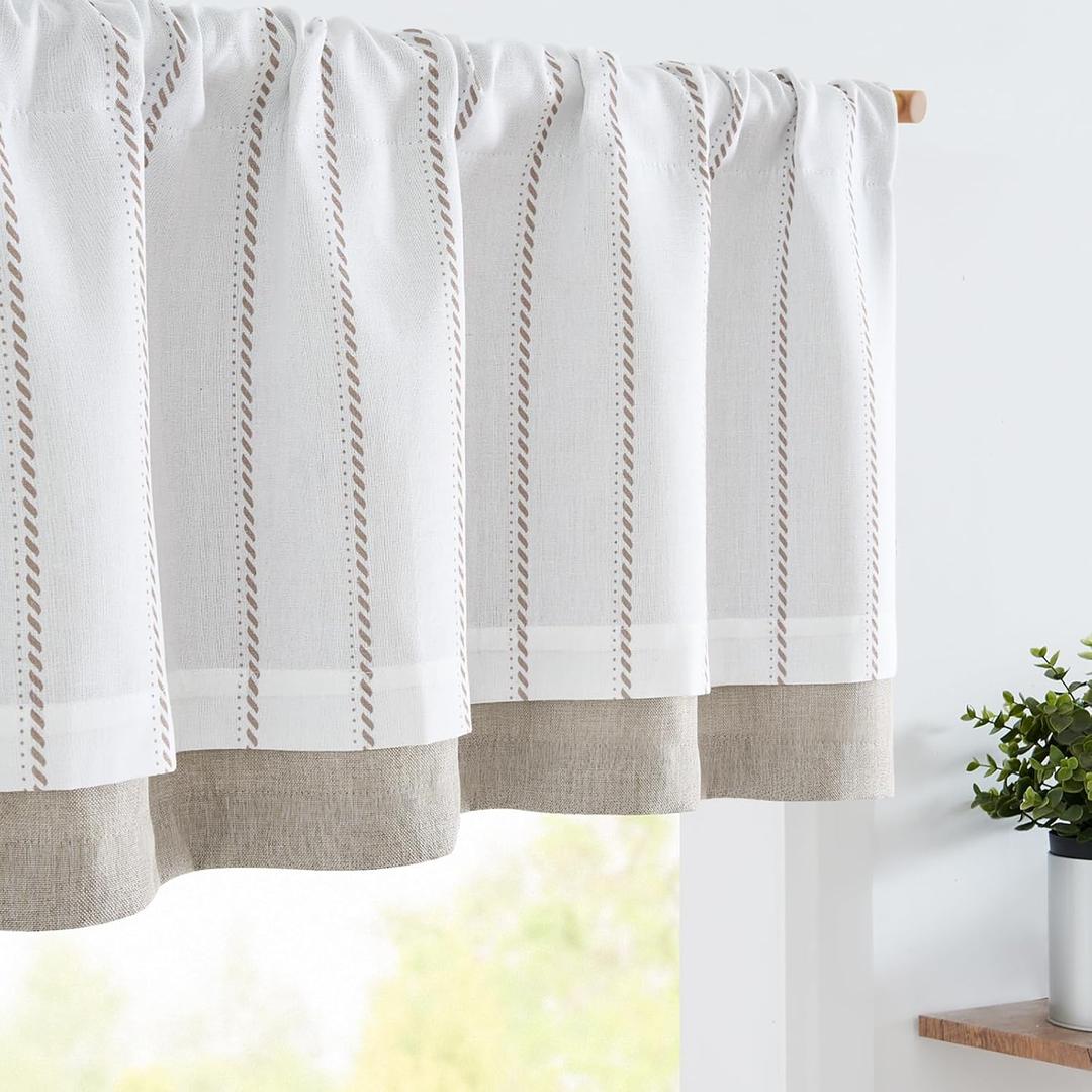 jinchan Nautical Valance Striped Linen Curtain 16 Inch Farmhouse Light Filtering Kitchen Valance for Living Room Window Double Layer Window Pinstripe 1 Panel Taupe on White