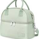 BALORAY Lunch Bag for Women Men, Double Deck Lunch Box for Adults, PU Leather Lunch Tote Bag Insulated Lunch Bags with Strap for Work Office Picnic(Green with strap)