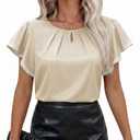 siliteelon Apricot Casual Tops for Women Blouses for Women Casual Ruffle Short Sleeve Flowy Satin Silk Soft Pleated Business Office Work Professional Fashion Trendy Elegant Summer Ladies XX-Large (Beige, XXL)