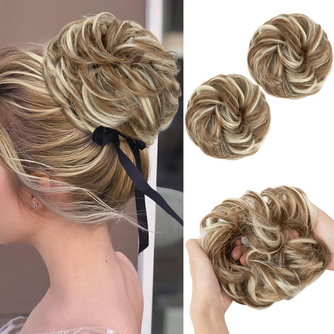 SARLA 2PCS Messy Hair Bun Hair Pieces Wavy Curly Synthetic Updo Fake Scrunchies Ponytail Extension for Women Bahama Beige (2PCS-Bahama Beige)