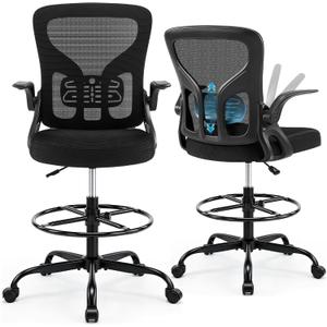 Drafting Chair for Standing Desk, Tall Office Chair with 22"-30" Seat Height &7" Lift Footrest Ring, Ergonomic Executive Mesh Computer Counter Stool with Lumbar Support &Flip-up Arms for Artist