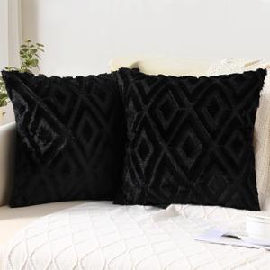 Pallene Soft Faux Fur Throw Pillow Covers 18x18 Set of 2 - Plush Wool Decorative Couch Pillow Covers for Sofa Bed Living Room - with 3D Diamond Pattern - Black
