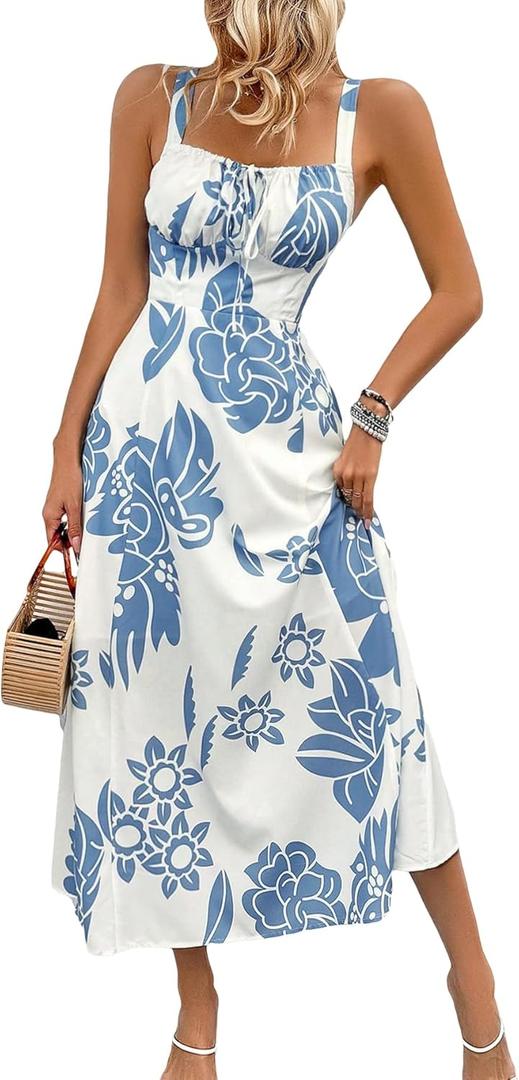 MakeMeChic Women's Floral Tropical Drawstring Shirred Cami Boho Dress High Waist Flared Flowy Summer Dress Blue and White, Small