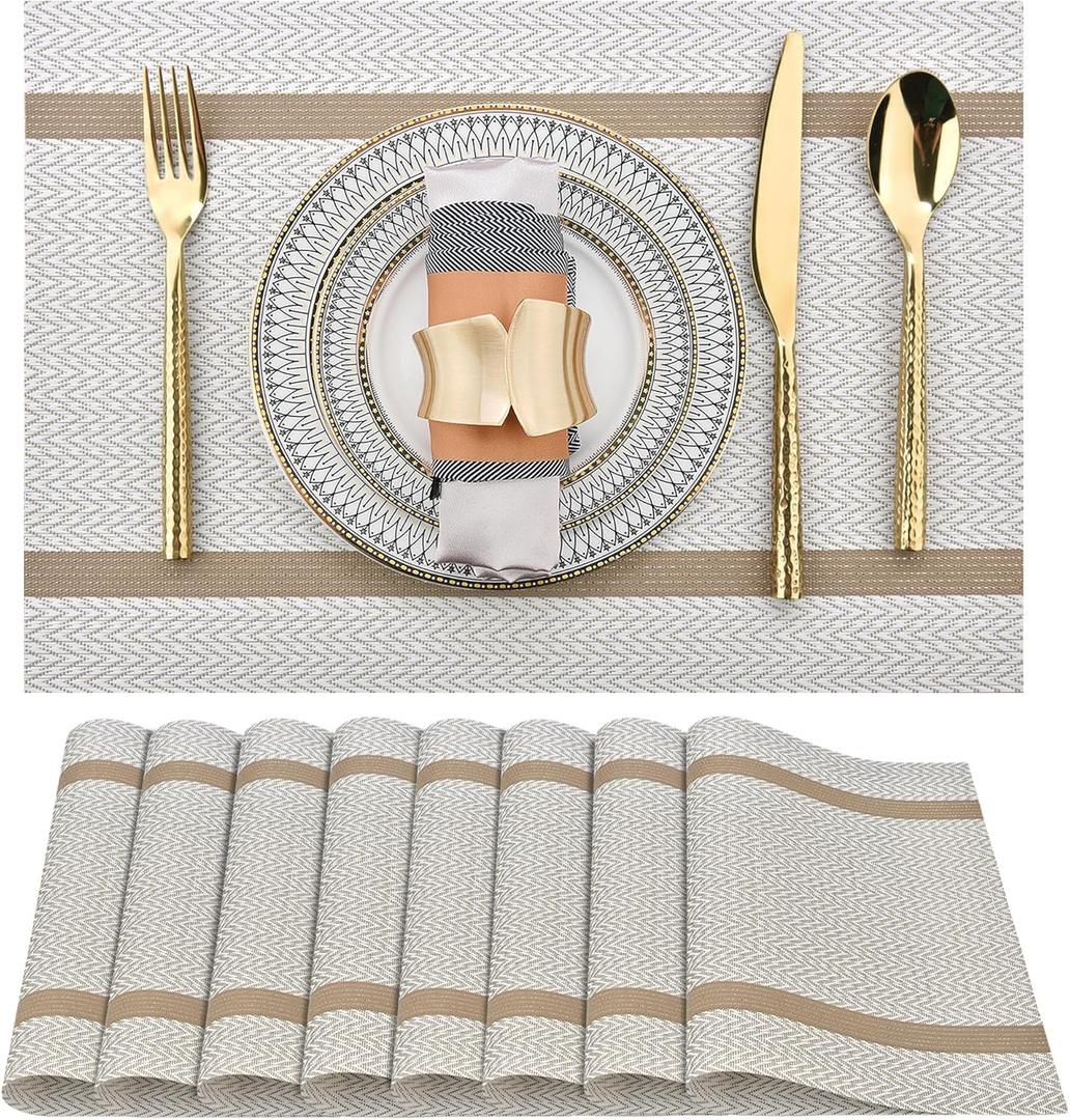 SLKQG Beige White Placemats Set of 8 - Easy Clean Modern Durable Washable Vinyl Place Mats - Heat Resistant Placemats for Kitchen Table - PVC Table Mats for Dining Table (Beige White with Stripes, 8)