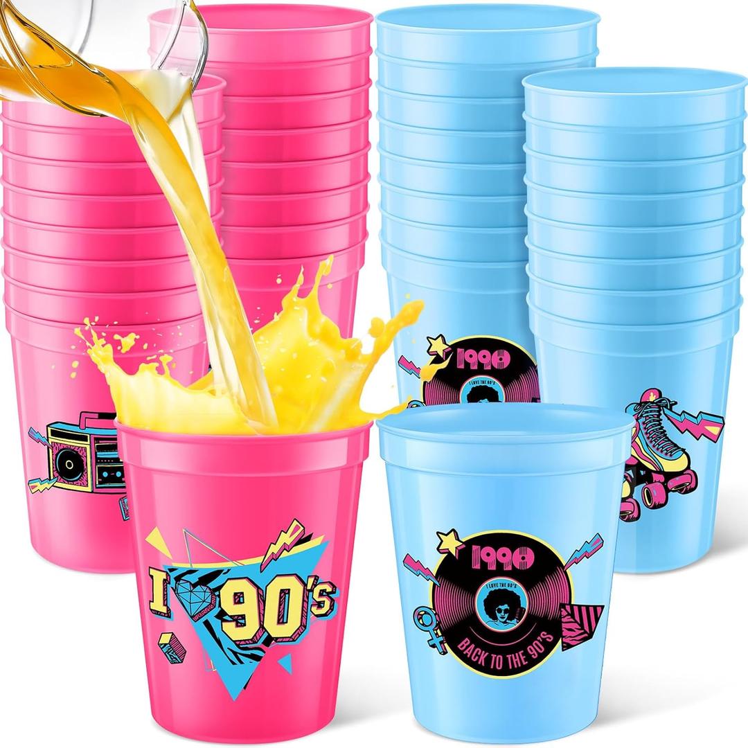 24 Pcs 90s Theme Cups 16 oz Reusable Thick Retro Disco Party Plastic Drinking Cup Rose Red and Blue Retro Music Throwback Dance Party Decorations Birthday Supplies