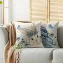 Spring Easter Pillow Covers 18X18 Set of 2, Bunny Rabbit Blue Floral Butterfly Easter Egg Holiday Decorative Throw Pillowcases Vintage Seasonal Outdoor Farmhouse Cushion Cases Couch Sofa Bed Decor