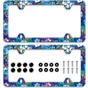 2PcsBlue pink hibiscus License Plate Frame colorful tropical floral License Plate Frames Stainless Steel Accessories Cars Decor with 4 Holes Screws Fits Standard US CA Vehicles Size 12.2 x 6 Inches