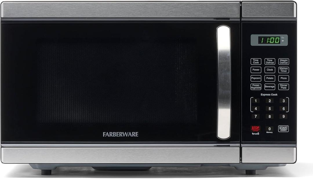 Farberware 1.1 Cu. Ft. Countertop Microwave Oven 1000 Watt Power, Auto Cook Settings, Defrost, Easy Clean and Child Safety Lock - Stainless