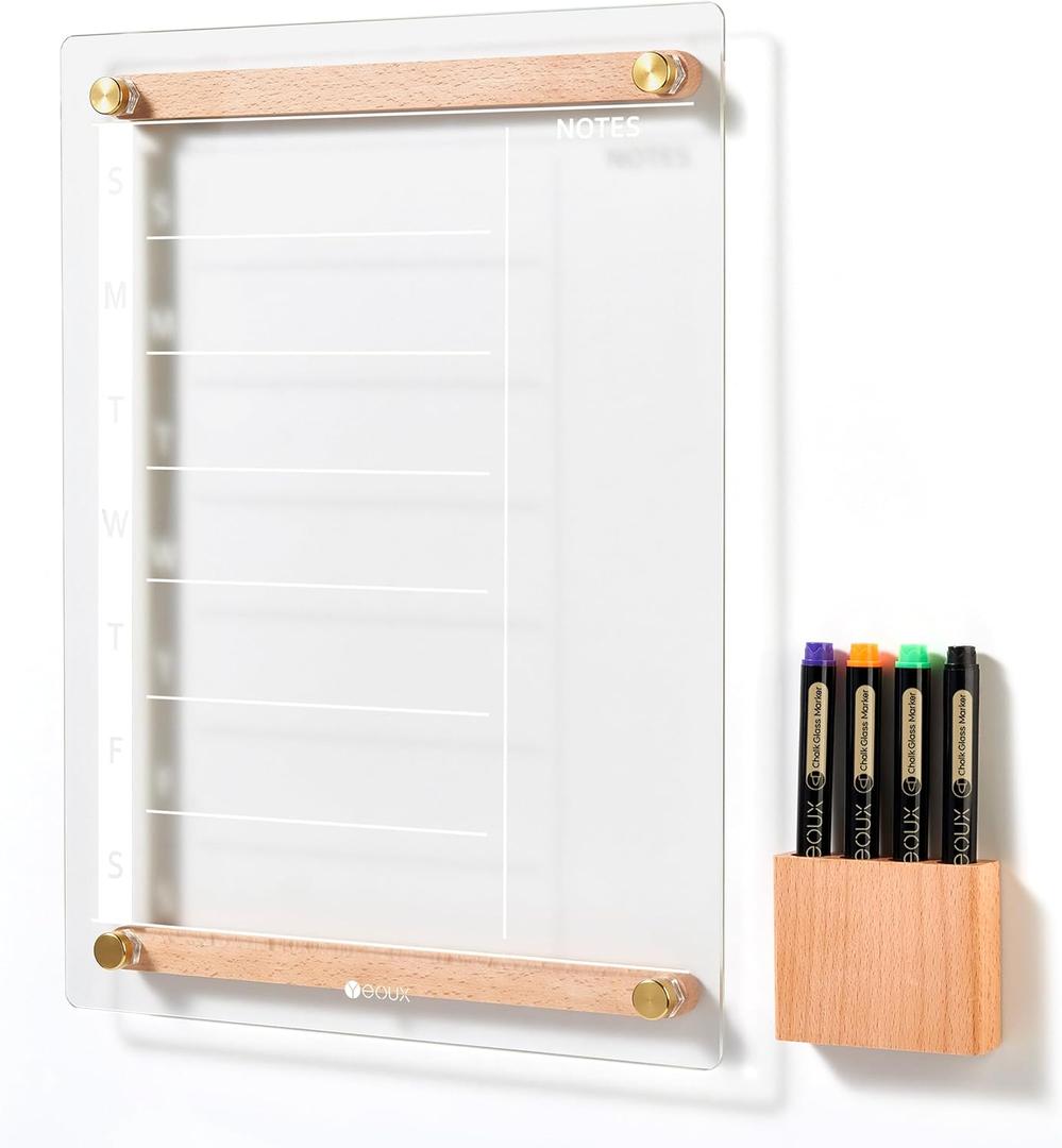 Clear Glass Weekly Dry Erase Calendar Whiteboard with Wood Decoration for Wall, Menu & Meal Planner White Board for Home Kitchen, 15x11, Wood Marker Holder and 4 Markers Included, Yeoux