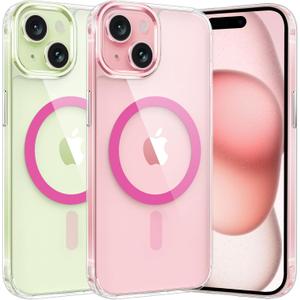 FNTCASE for iPhone 15-Plus Phone Case: for iPhone 14 Plus Case Magnetic Clear Military Shockproof Anti Yellowing Slim Phone Cover, Protective Rugged Case- 6.7 Inch, Hot Pink