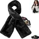 Faux-Fur Pull Through Scarf With Hidden Zipper Pocket for Women, Fur Neck Collar Scarf Cozy Wrap Secure Concealed Storage (Black)