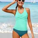 Girls Swimsuit Size 8-10 Two Piece Girl Bathing Suit Halterneck Lace-up Front Cross Tummy Control Slimming Tankini Girl's Swimwear Set Lake Blue (Green)