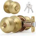 Brushed Gold Flat Ball Door Knob with Keys and Lock, Keyed Entry Round Design Doorknob for Front/Entrance Doors, Satin Brass Finish (1 Pack)