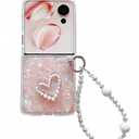 for Samsung Galaxy Z Flip 7 Case Cute Love Heart Girly Design,Flip7 Phone Case Bling Glitter Pearl Back Soft Silicone Bumper with Bead Phone Strap for Samsung Z Flip 7 Pink