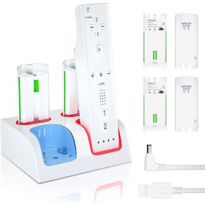 Wii Controller Charger and Rechargeable Battery - 4 Pack 2800mAh Wii Remote Battery Pack Rechargeable and Charging Station with USB Cable