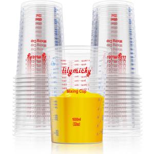 25 PACK Plastic Measuring Cups, 32 oz (1000ml) Disposable Mixing Cups, Measurement ratios: 2:1, 3:1, 4:1, Perfect for Epoxy Resin, Paint Mixing, Art DIY