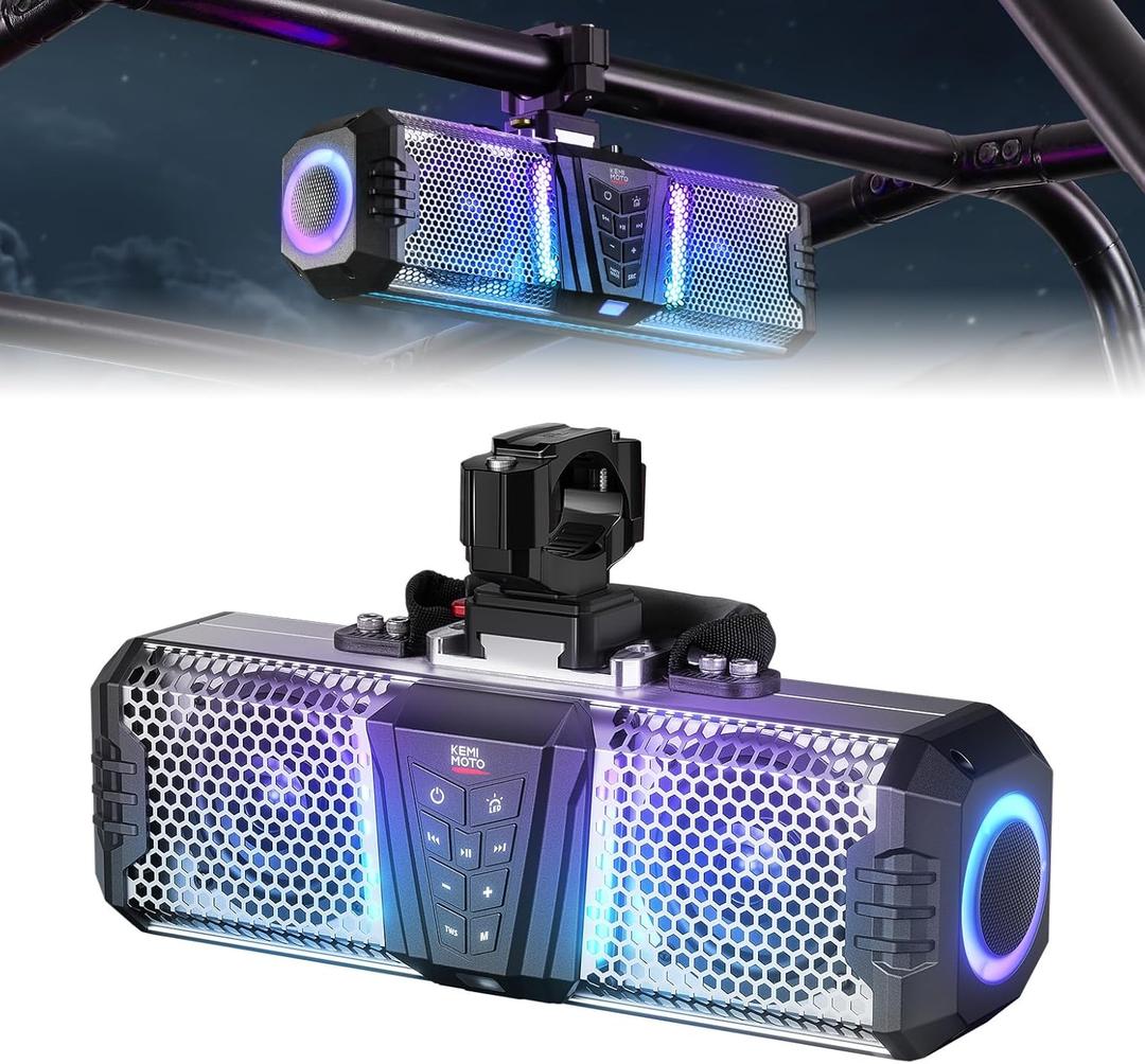KEMIMOTO Midnight S40B 16-inch UTV Sound Bar Built-in Battery, Quick Release, Waterproof IP66, Multicolor Lights Metal-Built Soundbar for UTV ATV Golf Cart Boat Fits 1"-2" Roll Bar