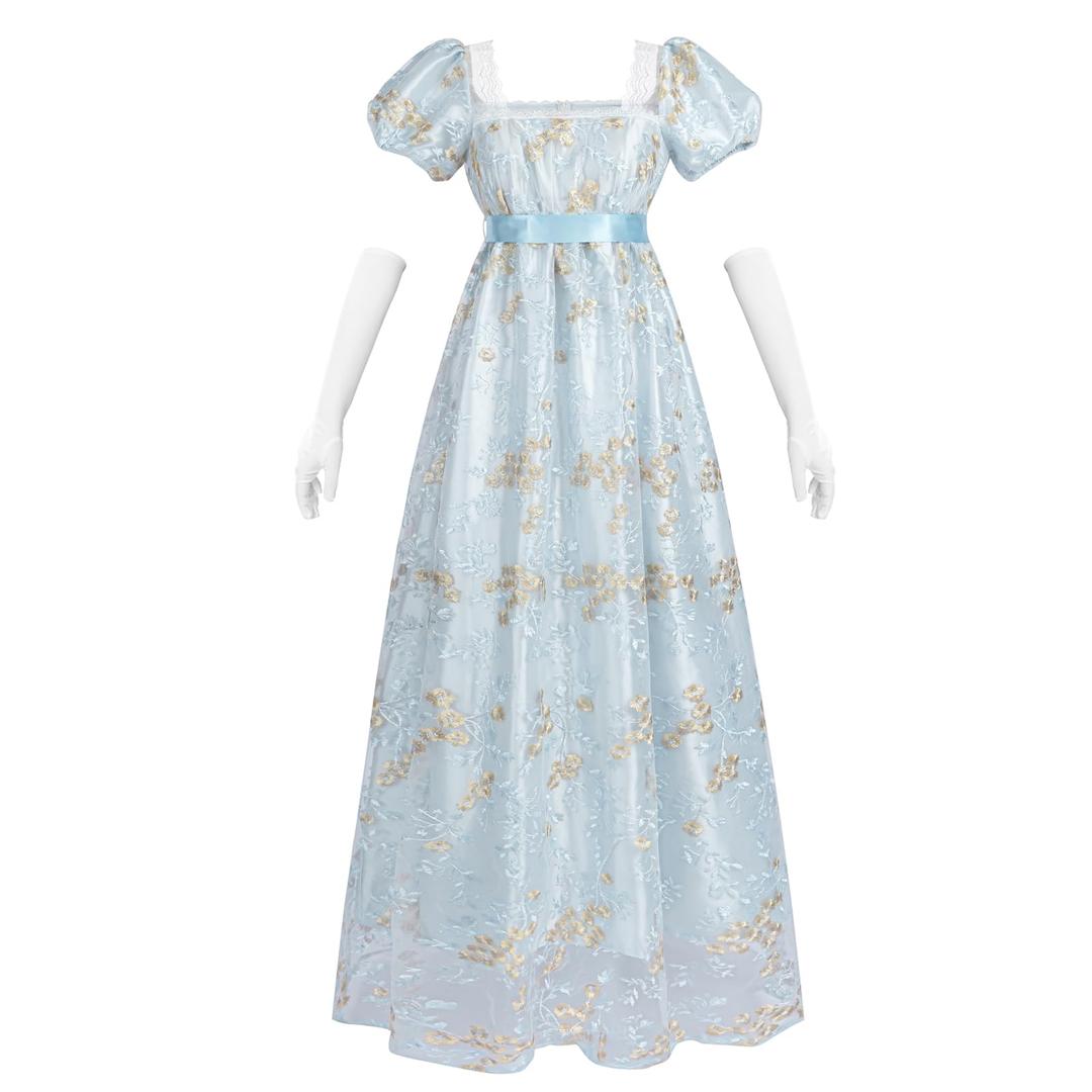 NSPSTT Golden Regency Dresses for Women 1800s Vintage Dress Victorian Ball Gown with Gloves M