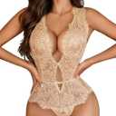 Avidlove Women One Piece Lingerie Lace Bodysuit Deep V Teddy Mini Babydoll (Small, Light Brown)