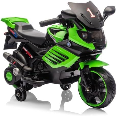 Kids 6V Ride On Motorcycle, Battery Powered Ride On Toys w/Treaded Tires, Working Headlight, Horn, Music, Training Wheels, Stable Electric Toddler Motorcycle for Kids, Gift for Boys Girls, Green