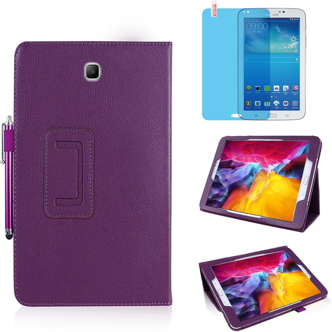Slim Leather Case for Samsung Galaxy Tab 3 7.0 Inch 2013 (SM-T210 T215 P3200), Multi-Angle Stand Full-Protective Tablet Cover Book Case with Stylus Pen,Screen Film (Purple)