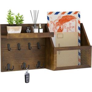 Key Holder Wall Mount Pine Wood 16 X 8 Mail Organizer Key Rack for Wall with Hooks and Shelf, Rustic Wooden Key Hanger for Entryway Rustic, Brown