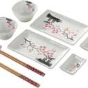 10 pcs Japanese Sushi Plate Sets Serving Platters and Trays for Entertaining Sushi Dishes Set Plates Sushi Plates Traditional Cuisine Dinnerware Sets with Chopsticks Pink Sakura