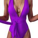 Lilosy Sexy Tie Criss Cross Plunge One Piece Thong Swimsuit High Cut Brazilian Bathing Suit, Size XL