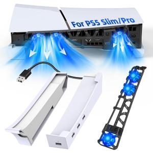 FASTSNAIL Horizontal Stand & Cooling Fan for PS5 Pro/Slim Console, Auto Fan Speed by Temperature and Controller Charger Station, Efficient Cooling System with 3 Fans, 2 USB 3.0, 3 USB 2.0 Port Hub