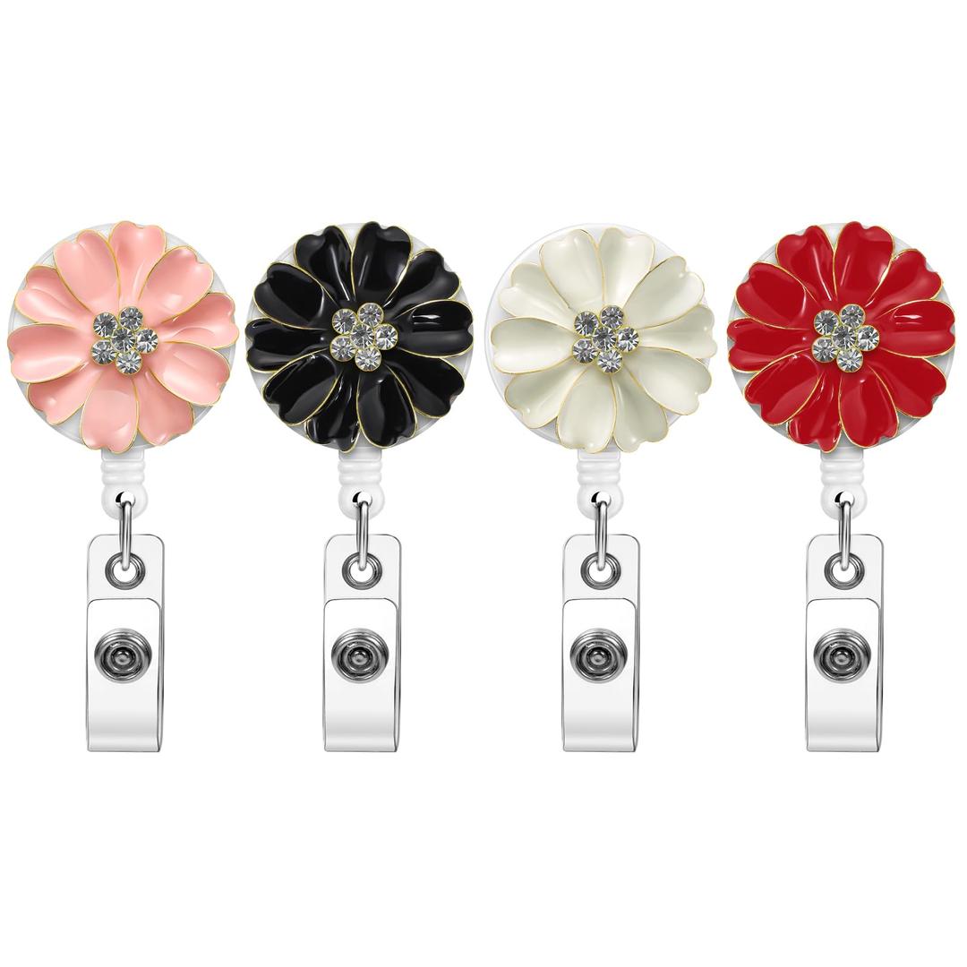 5 x Soleebee 8 Pack Badge Reel Retractable, Nurse Retractable Badge Holder, Flower ID Badge Reel Clip with Belt Clip, 24'' Durable Nylon Cord (Pearl+Rhinestone)