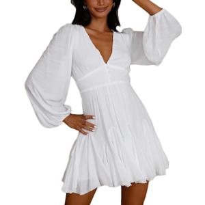 Lantern Long Sleeve Flowy Summer Backless Mini Sundress for Women 2023 Casual V Neck Cut Out Empire Waist Skater Dresses (Large, White)