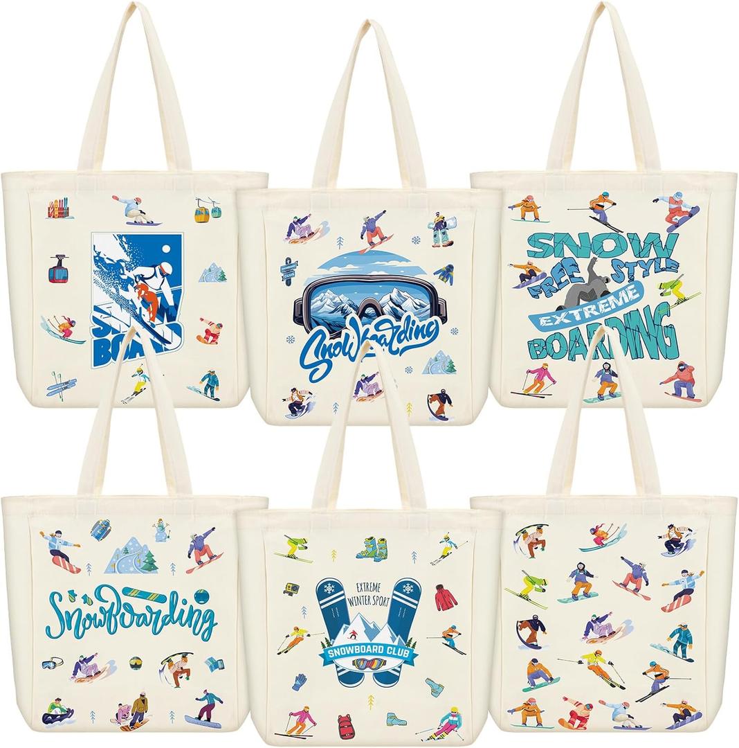 6 Pcs Ski Souvenir Gifts Ski Themed Canvas Bags Tote Bags with Handle Treat Candy Shopping Basket Reusable