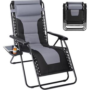 Sweetcrispy Zero Gravity Chairs, Foldable Patio Reclining Chairs with Adjustable Pillow & Cup Holder, Oversized Portable Support 400 lbs, for Backyard Camping(Black-Gray), 62.2*29.13*41.73inch