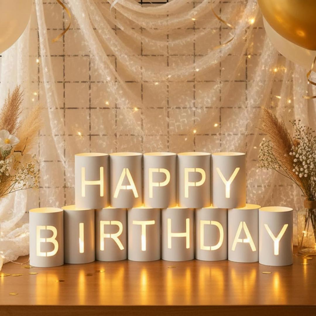 Glooglitter Happy Birthday Decoration for Men Women Include Light up Letters Metal Cans Happy Birthday Sign with Flameless Candles LED Tea Lights for Gift Banner Party Celebration Decoration Reusable