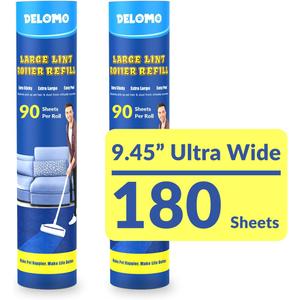 DELOMO Large Lint Roller Refills (2 Pack, 180 Sheets) Compatible Only with DELOMO 9.45 in Floor Lint Roller Extra Sticky Floor Lint Roller Refill for Carpets, Cars, Beds, Couches & Pet Hair