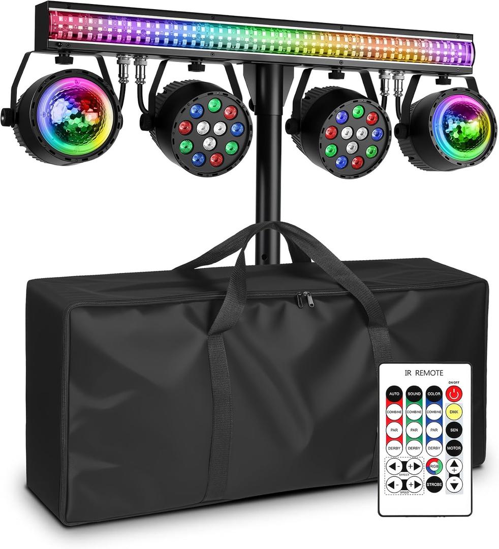 DJ Lights for Parties with Stand | 5in1 Professional Stage Lighting System | DMX512 | Sound Activated Party Light Set for Gigs, Wedding, Concert, Club, Live Events | 7FT Tripod
