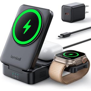 Lamicall 3 in 1 Wireless Charging Station for Apple Magsafe Charger Stand, [Safe Cooling] Foldable Travel Magnetic Charger Station for iPhone 17 Air 16 15 14 13 12 Series, Airpods Pro, Apple Watch (Black)