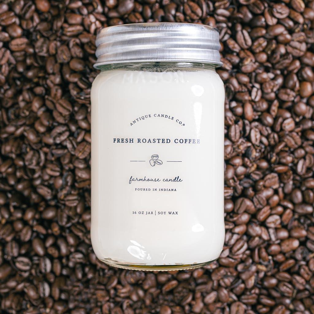 Antique Candle Co. 16 Ounce Soy Wax Candle, 80 Hour Burn Time, Cotton Wick, Mason Jar Candle (Fresh Roasted Coffee)
