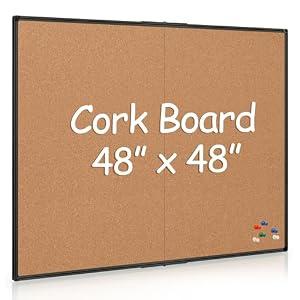 Extra Large Cork Bulletin Board 48" X 48", Foldable Notice Pin Board for Wall, Black Aluminum Framed 4'x4' Corkboard, Wall Mounted Noticeboard with 36 Push Pins for School, Home & Office