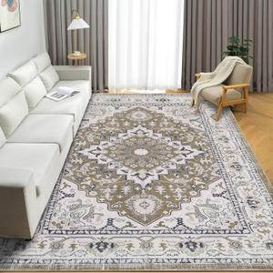 XSIVOD 6x9 Vintage Area Rugs for Living Room, Luxury Non-Slip Bedroom Rug, Distressed Traditional Floor Carpet for Dining Room Kitchen, Washable Throw Entryway Carpet for Laundry, Brown Ivory