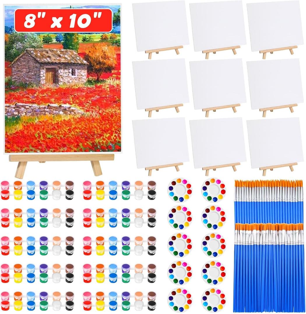 10Pack 8x10 Inch Canvas and Easel Set, Art Canvas Bulk with Easel Stands, 12 Colors Mini Acrylic Paint Set, Small Paint Brushes, Paint Trays, Sip and Paint Kit for Adults Couples Paint Party Supplies